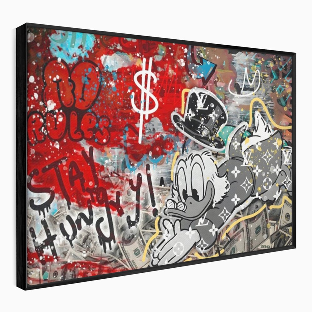 Tablou canvas cu tablou canvas cu scrooge mcduck si graffiti, in rama de aluminiu negru